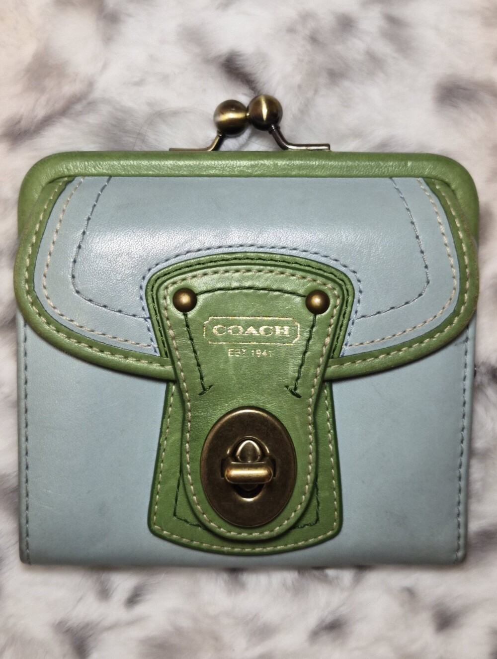 Coach 1941 Blue & Green Leather Kisslock Wallet | Vintage Colorblock Turnlock